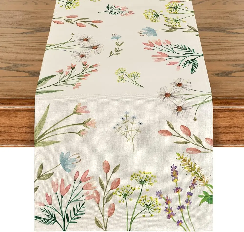 Flowers Floral Summer Table Runner Seasonal Spring Fall Kitchen Dining Table Decoration for Home Wedding Party Decor Table Flag