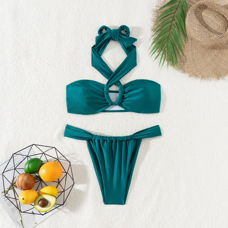 

Новый однотонный сексуальный купальник-бикини без бретелек с завязками, состоящий из двух частей, для женщин