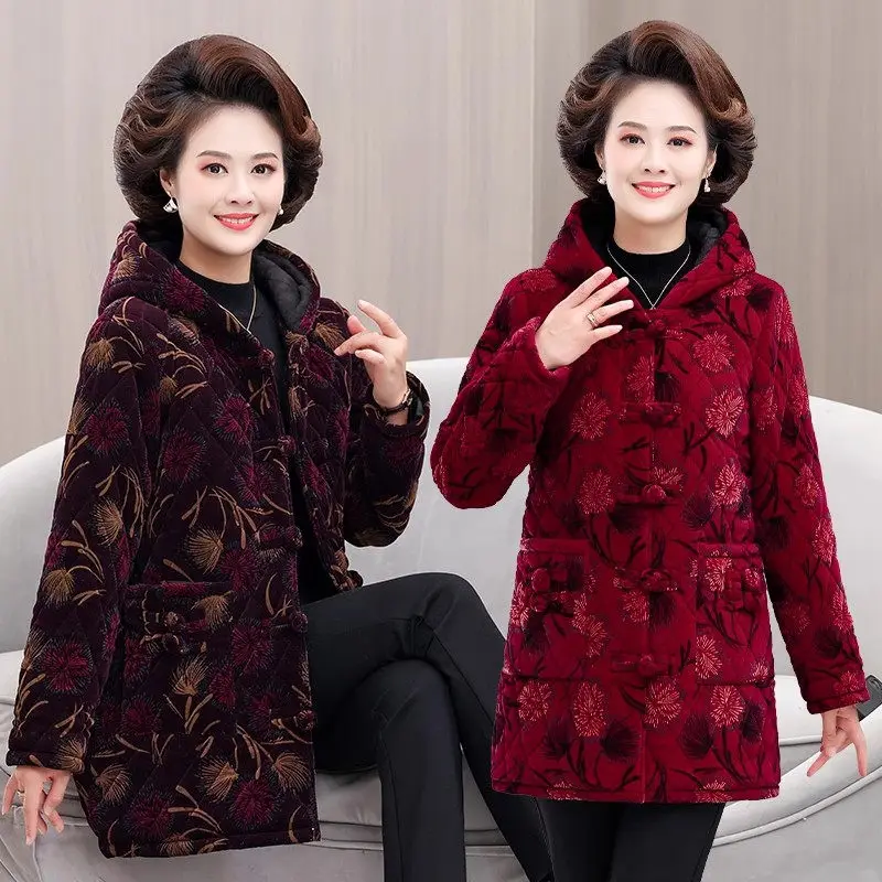 Mom's Winter Plush Thick Cotton Jacket Medium Length Middle-Aged And Elderly Women's Hooded Flower Coat Warm Outerwear Z4636