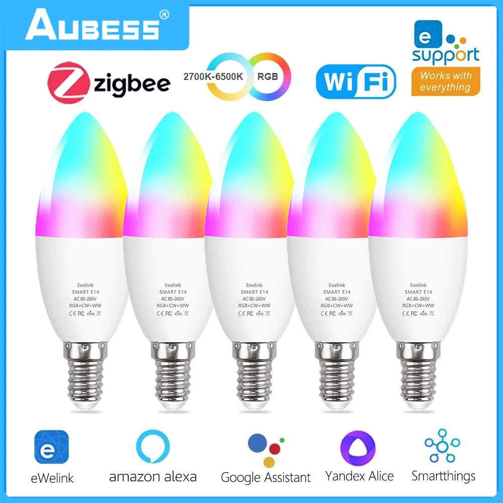 

EWelink Smart Light Bulb WiFi/Zigbee E14 Dimmable Candle Lamp RGB+CW+WW 5W Voice Control Via Alexa Google Home Alice Smartthings