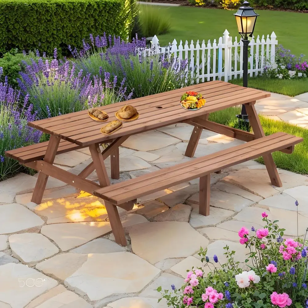 

Person Natural Fir Wood Picnic Table 75 L x 50 W Outdoor Camping Garden Dining Table with 2 Builtin Benches, 2220lb HeavyDuty C