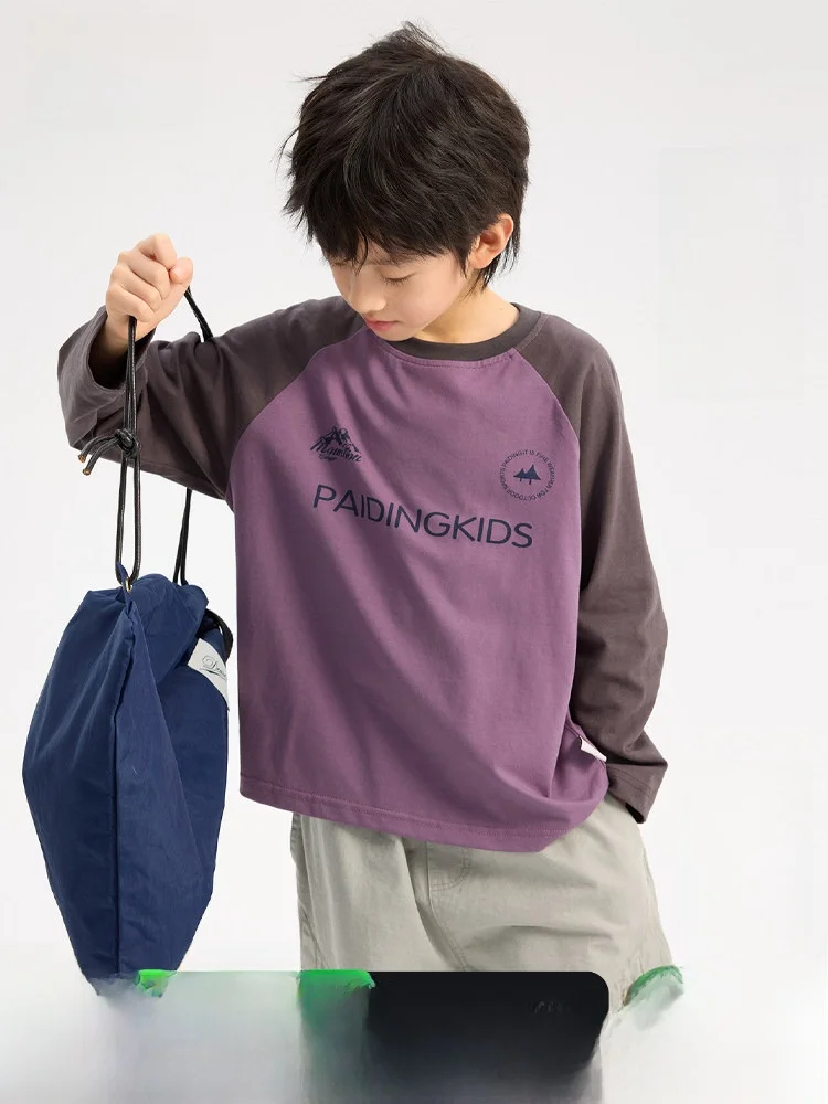 Cool Boys' T-shirt Child Clothing Shoulder Insertion Long Sleeve Color Block Base Shirt Korean Style Loose Fit Breathable
