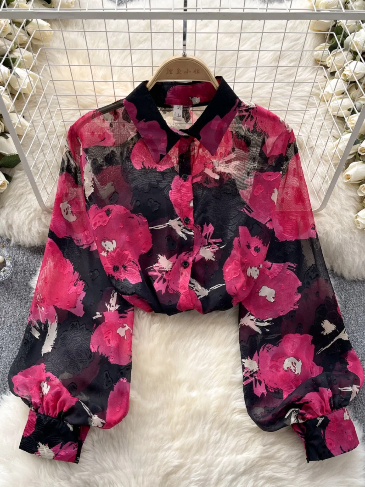 

Romantic Floral Print Long Sve irt Women's Summer Lantern Sve Premium Feel Top Korean Sle Loose Fit Commute Wear