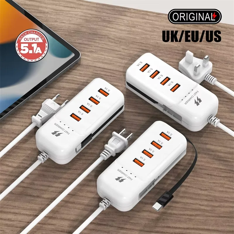 4 منافذ شاحن USB متعدد المنافذ PD نوع C شحن سريع الاتحاد الأوروبي الولايات المتحدة التوصيل الجدار شاحن USB مهايئ توزيع USB شاحن الهاتف المحمول السريع