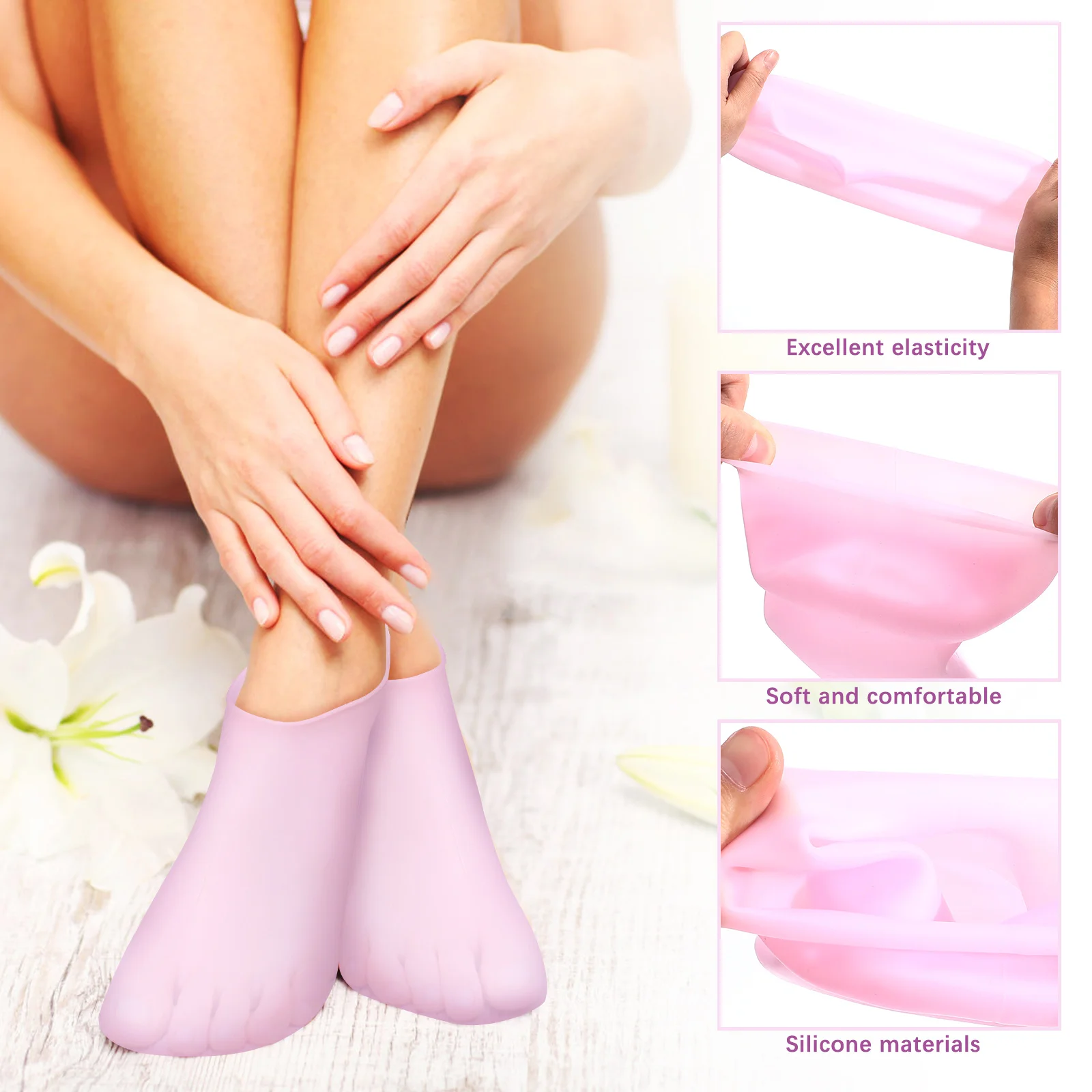 

4 Pairs Silicone Socks Pink Beige 2 Each Moisturizing Comfortable Soft Elasticity Foot Care Women Socks Gel Protective Spa