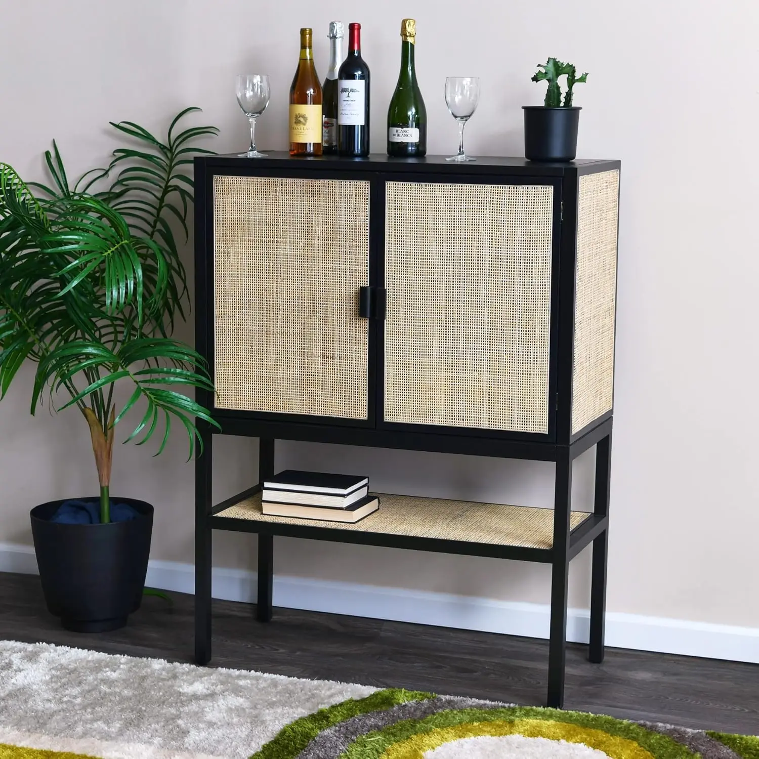 Pine Wood Natural Rattan Detail Cabinet, Black