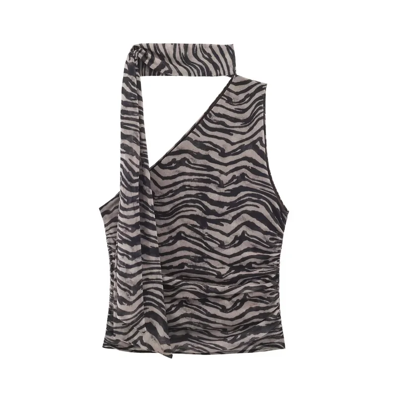 2026 Women Animal Print Scarf Halter Top One Shoulder Sleeveless Midriff Cut‑Out Ruched Stretch Slim Fit Night Club