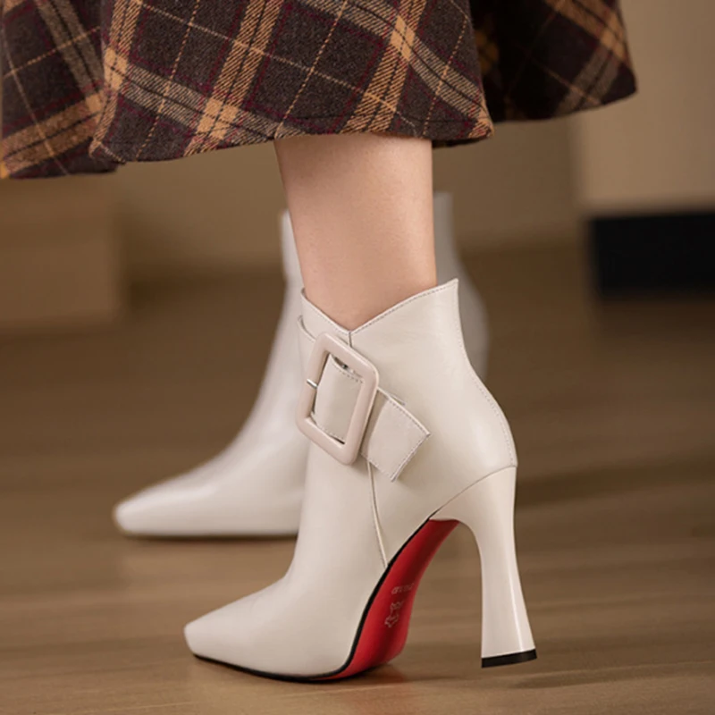 Women's Elegant High Heels Ankle Boots 2024 Spring Belt Buckle Pu Leather Short Boots Woman Plus Size 43 Thin Heeled Party Shoes