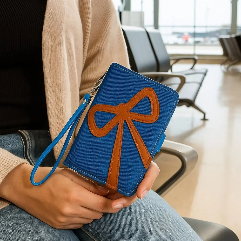 

RFID Anti-theft PU Bow Passport Bag Multifunctional Airplane Check-in Passport Clip Ticket Holder Card Holder Travel Wallet