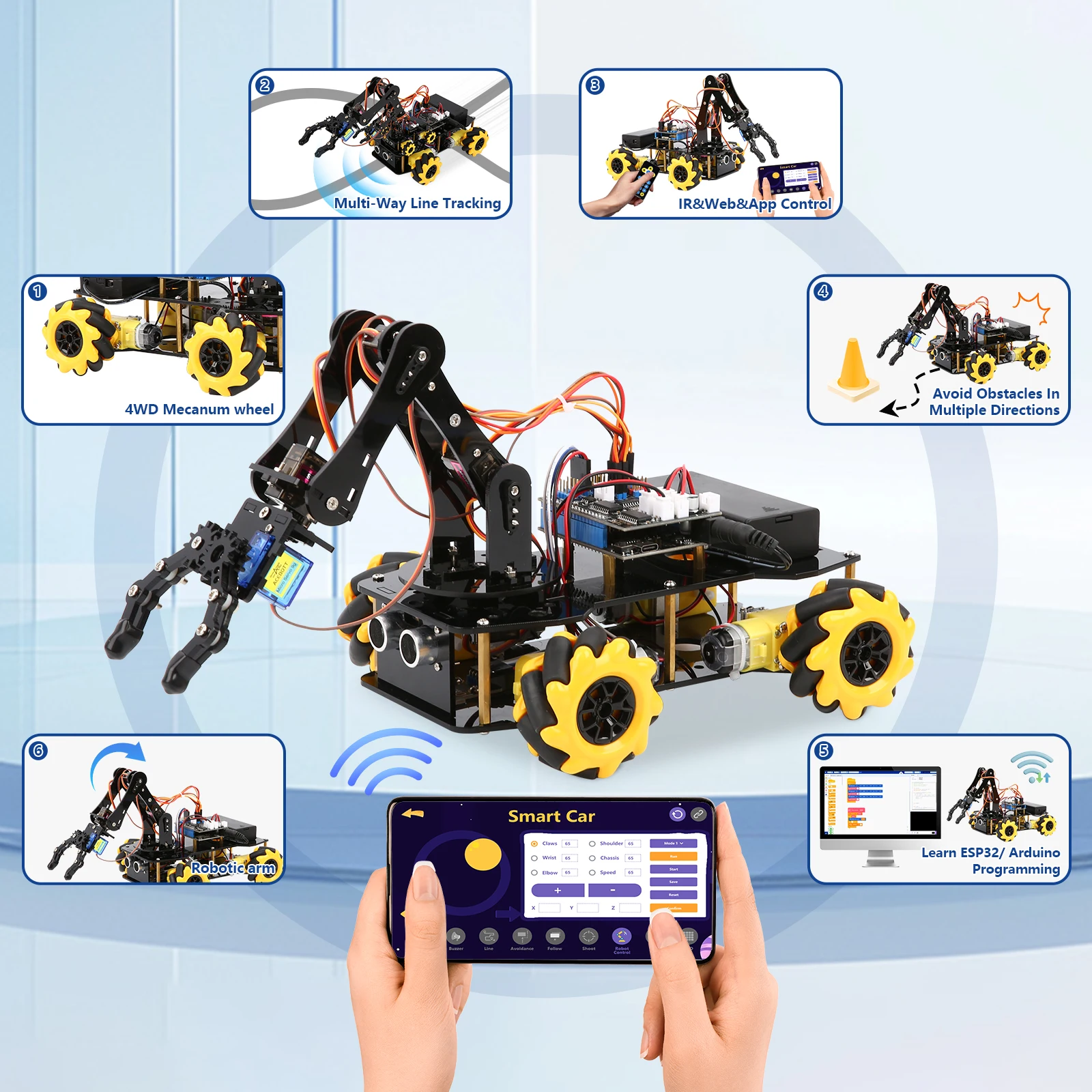 Christmas New Year gift Smart Robot Arm Car Kit 4WD Remote Control Car for Arduino IDE Programming STEM Education Coding Kit