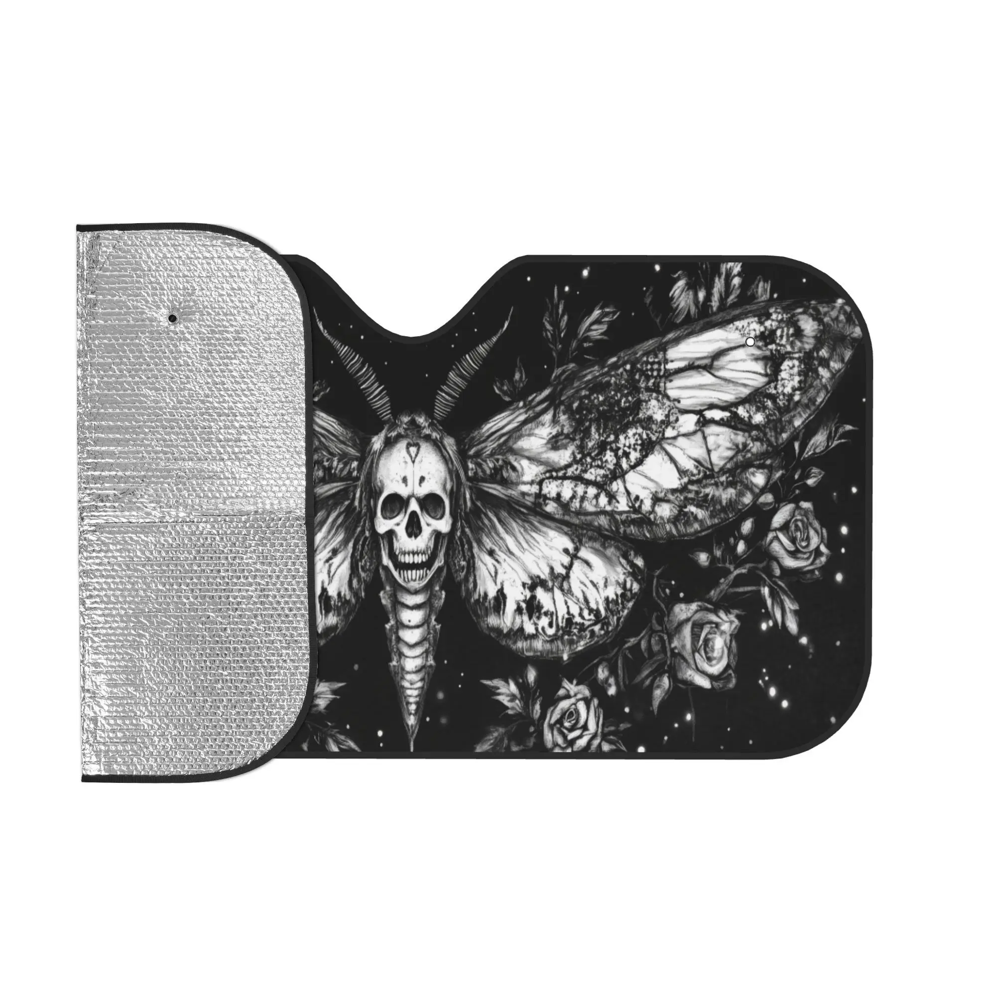 1pc 2D FLAT PRINTING Foldable Sunshade Featuring A Moth Skull Design With Roses And Celestial Elements, Designed To Block UV Ray
