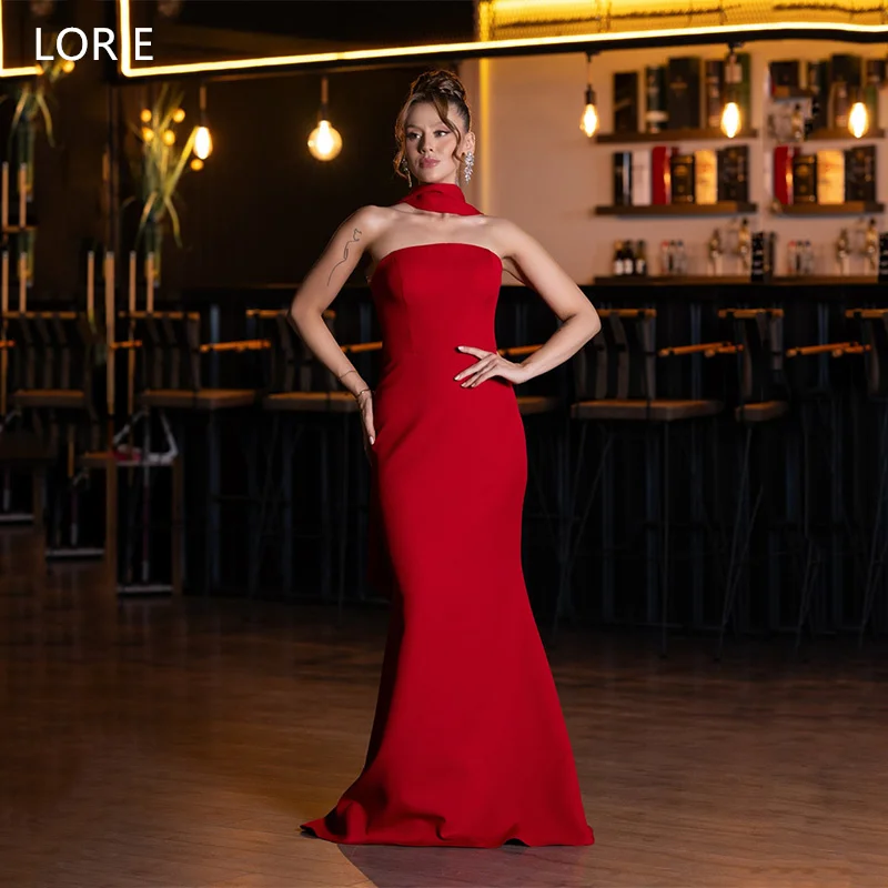 

LORIE Red Sexy Hottie Mermaid Party Dresses Strapless sleeveless Scarf Evening Prom Dress Floor-Length Prom Gowns Customized