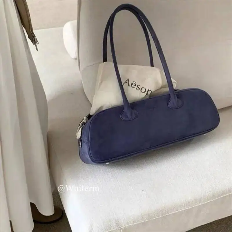 Bloom Vintage Blue Shoulder Bags Women High Street Suede Surface Chic Casual Handbag Purse Female Retro Underarm Bag Aesthetic