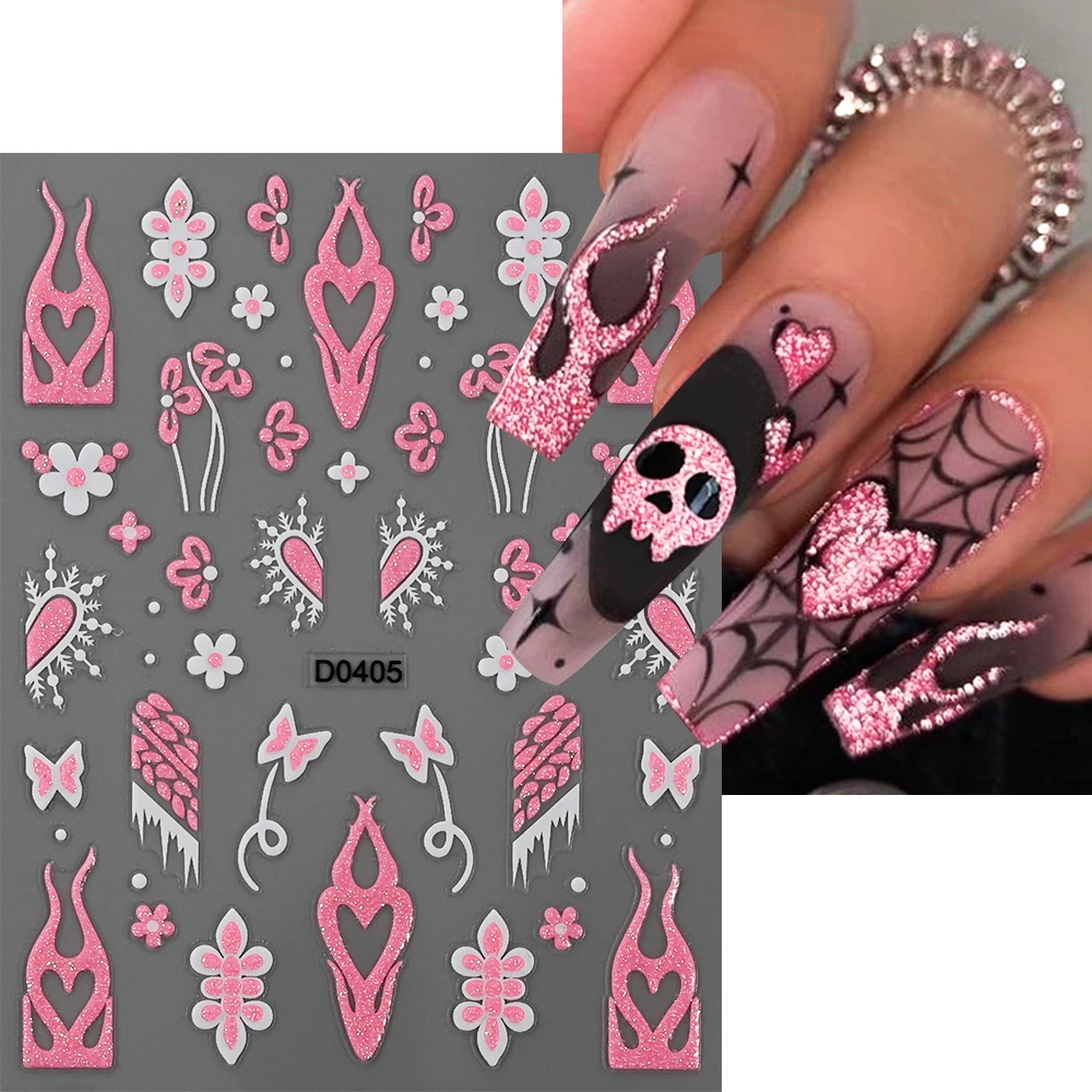 Rosa Glitter Polvere Teschio Halloween 3D Adesivo per unghie 10X8 cm Fantasma Pipistrello Ragnatela Stile Decalcomanie per unghie Decorazione manicure invernale fai da te