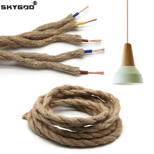 Imagen 1 del producto Cable eléctrico de cuerda de cáñamo de 1/3/5/10m, Cable trenzado de 2/3 núcleos para decoración de barra de luz Retro, línea de lámpara Vintage de cobre de estilo Retro