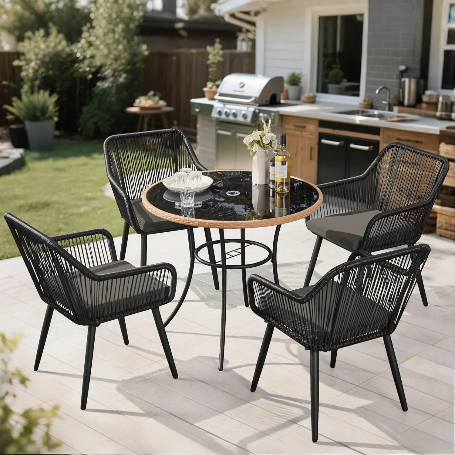 Grey/Black 5-Piece Round Wicker Patio Dining Set, Customized