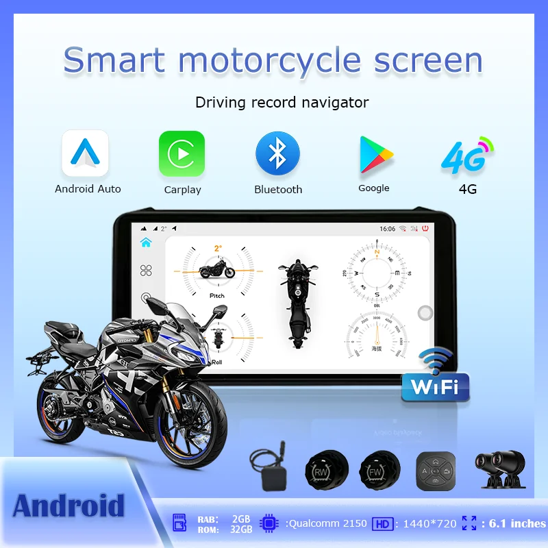 6.1INCH IntelligenWaterproof Touch Screen Suitable For Linux System Motorcycle Tire Pressure Monitoring Carplay Driving Recorder