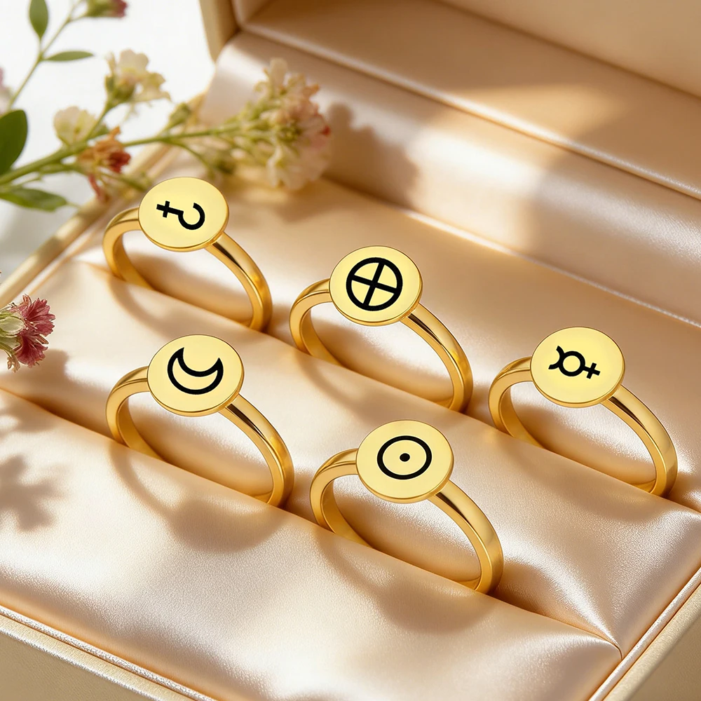Dawapara Alchemical Planet Symbols Finger Ring for Men Women Laser Engraving Good Luck Amulet Stainless Steel Astronomer Gift