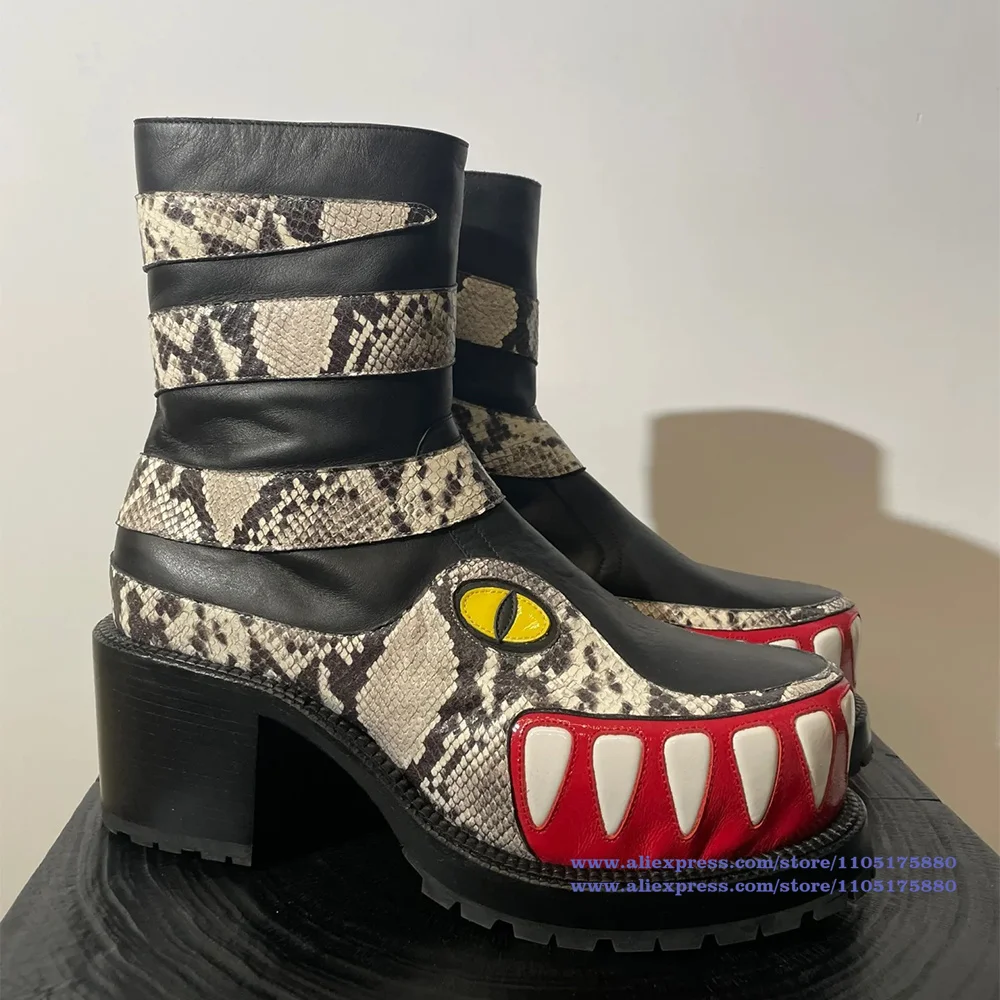 Crocodile Teeth Pattern Men's Boots Thick-Soled Round Toe Platform Side Zip Boots Luxury Designer Men's Shoes Botas Mujer