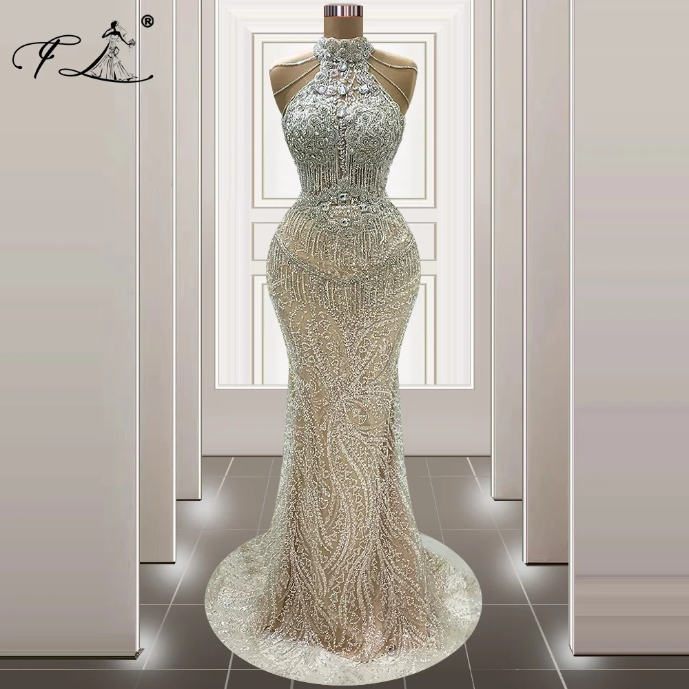 Luxury Halter Evening Dresses Party Sexy Beaded Crystals Celebrity Mermaid Prom Gown Customized Vestidos De Noche