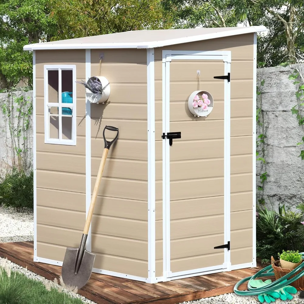 

5x4 FT Storage Shed, Waterproof Resin Outdoor Storage Shed with Floor & Window & Lockable Door, Tool Shed for Garden Patio