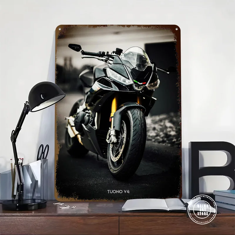 Motorcycle Tuono V4 Motorcycle Close-Up Poster Customized Wall Art Vintage Metal Signs Retro Tin Plaque for Man Cave House Home
