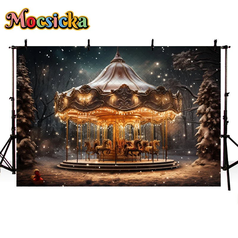 Mocsicka Christmas Amusement Park Carousel Background For Kids Portrait Photography Winter Forest Snowflake Decoration Banner