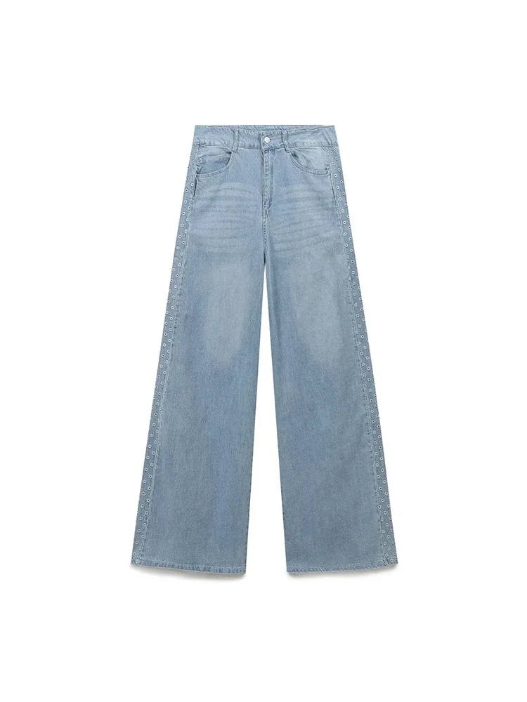 

Autumn new arrivals for women, all-match hollow embroidery wide-leg pants, high waist loose washed denim trousers