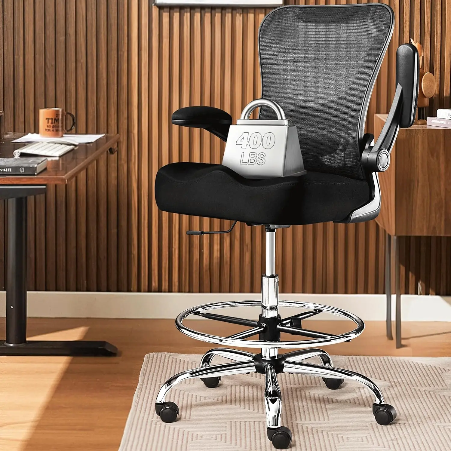 400LBS Drafting Chair, Tall Office Chair with Adjustable Lumbar Support&Footrest Ring, Comfy Extra Deep W-Shape