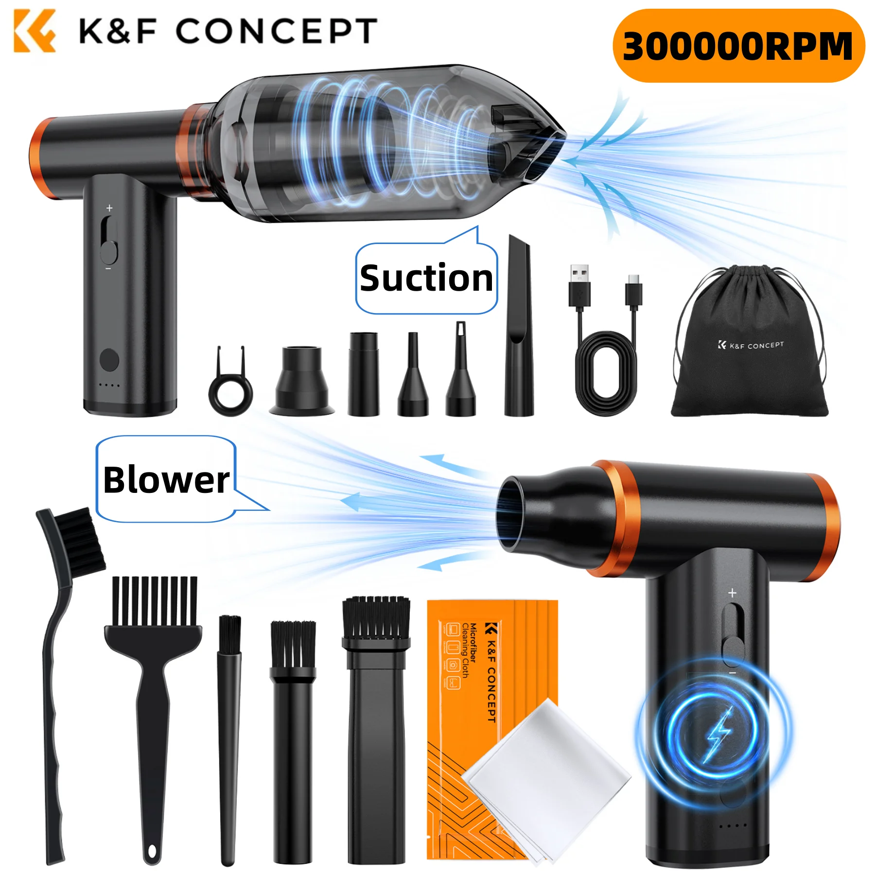 

300000RPM Vacuum Compressed Electric Air Duster Recharge 2-in-1 Suction&Air Blower for Computer,Laptop Keyboard,Car,Camera Clean