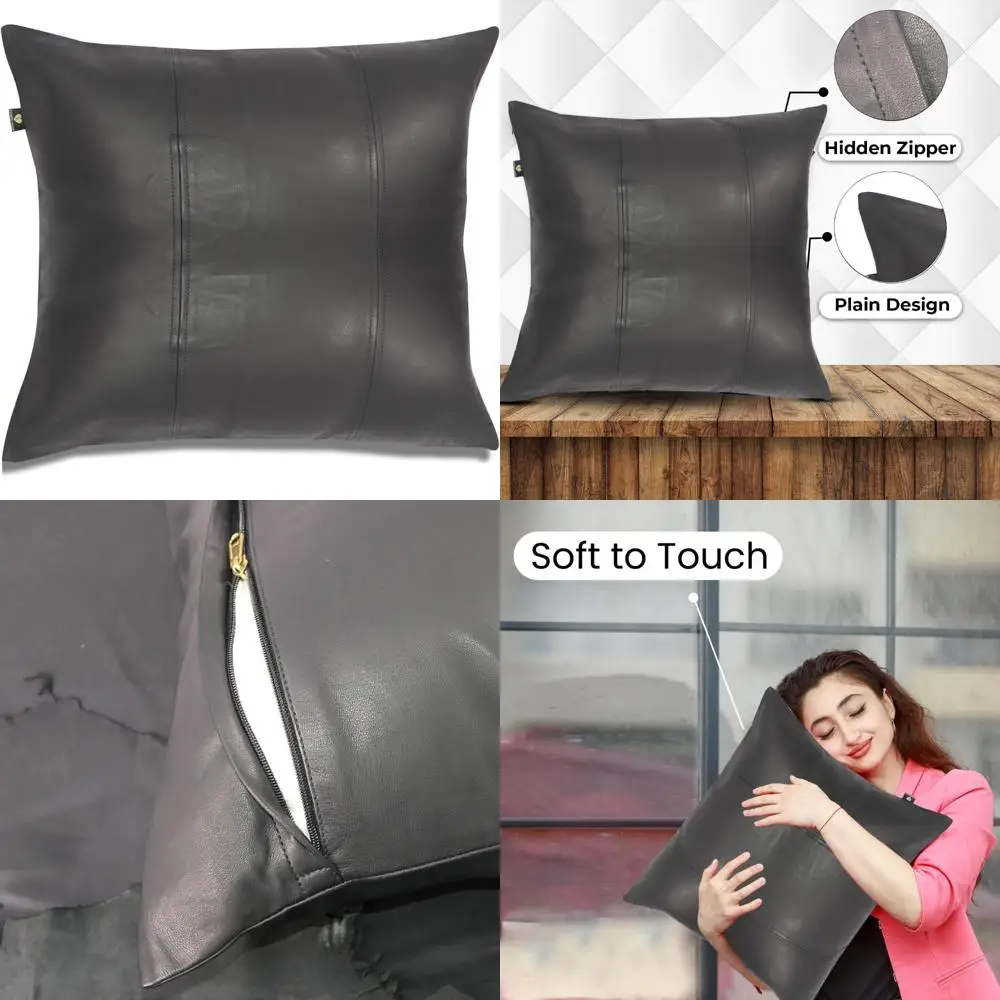 

Lambskin Leather Pillow Cover - 16x16 Decorative Sofa Cushion Case for Living Room and Bedroom