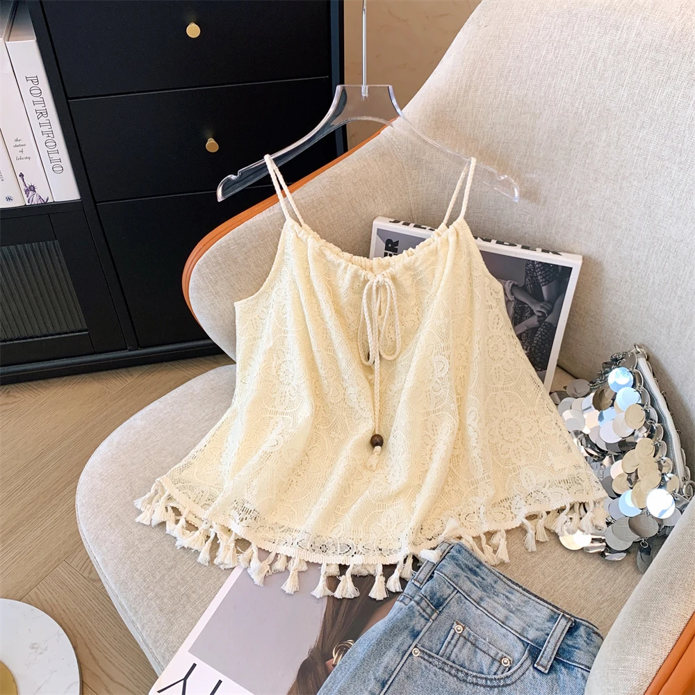 

Summer Outdoor Floral Embroidery Belted Fringed Strapl Vest Women's Loose Fit Slimming Svel Top High-End Feeling