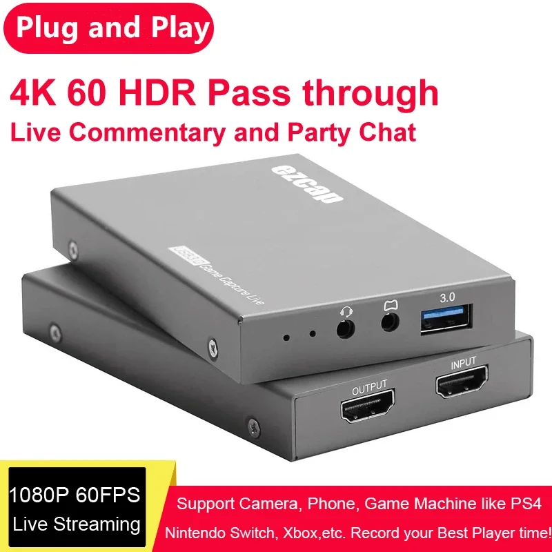 

HD 4K 60fps HDR Loop HDMI To USB 3.0 Game Capture Card Video Recording Box PC OBS Live Streaming 3.5mm MIC Gamepad Audio Input