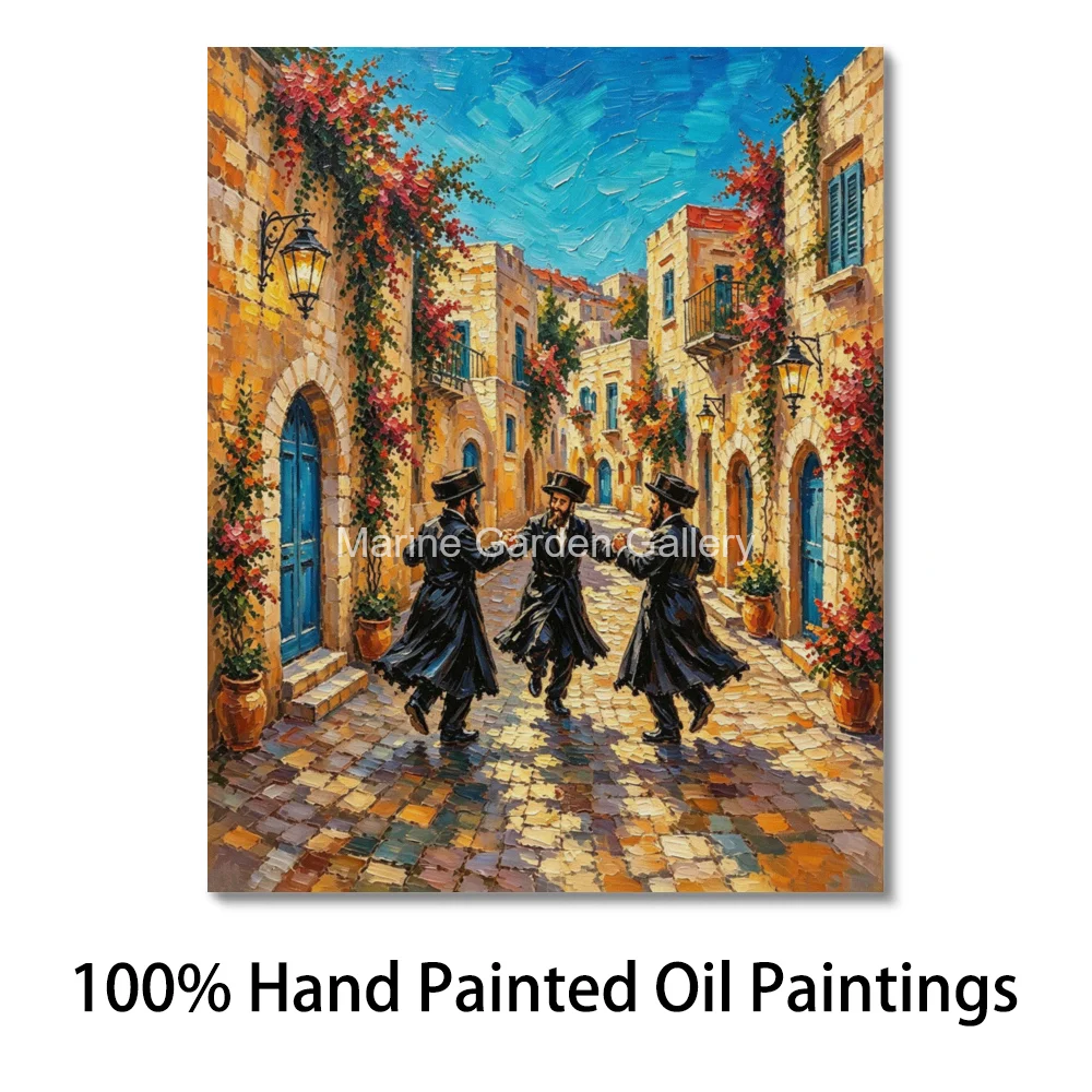 Hand Painted Hasidic Men Dancing Oil Painting Jerusalem Old City Textured Canvas Jewish Celebration Modern Art for Living Room
