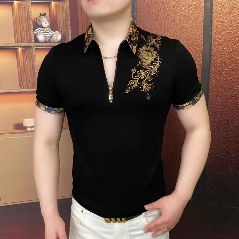 Luxury Rhinestone Polo Shirt for Men Summer Short Sleeve Lapel Casual T-shirts Fashion Business Social Street Wear Tee Tops 2025