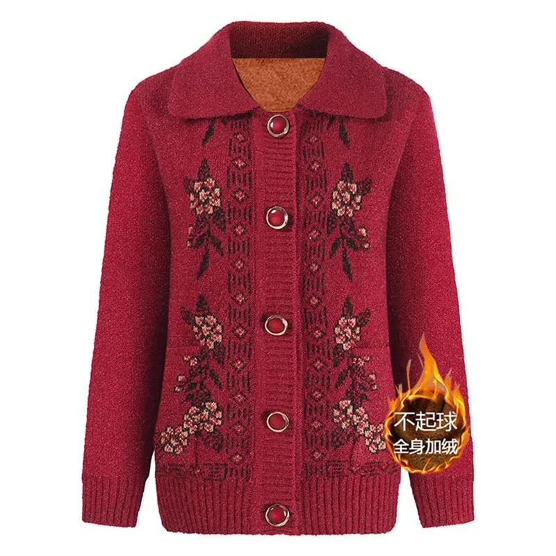 Maglione da donna anziana di mezza età aggiungi giacca Cardigan in maglia di velluto 2024 nuovo autunno inverno cappotto Casual allentato capispalla