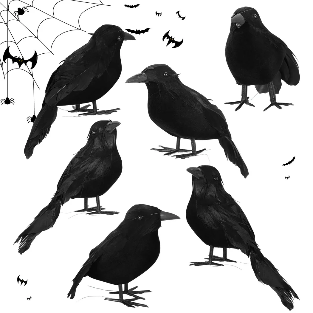 6Pcs/Set Halloween Crow Decors Fake Crow Decors Artificial Crows Black Feather Crows Lifelike Ravens Halloween Party Decoration