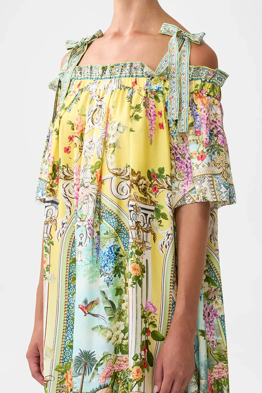 Floral Printed Women Sling Robe Crystal Beaded Off-Shoulder Slash Neck Short Sleeve Holiday Female 100% Silk Maxi Dress