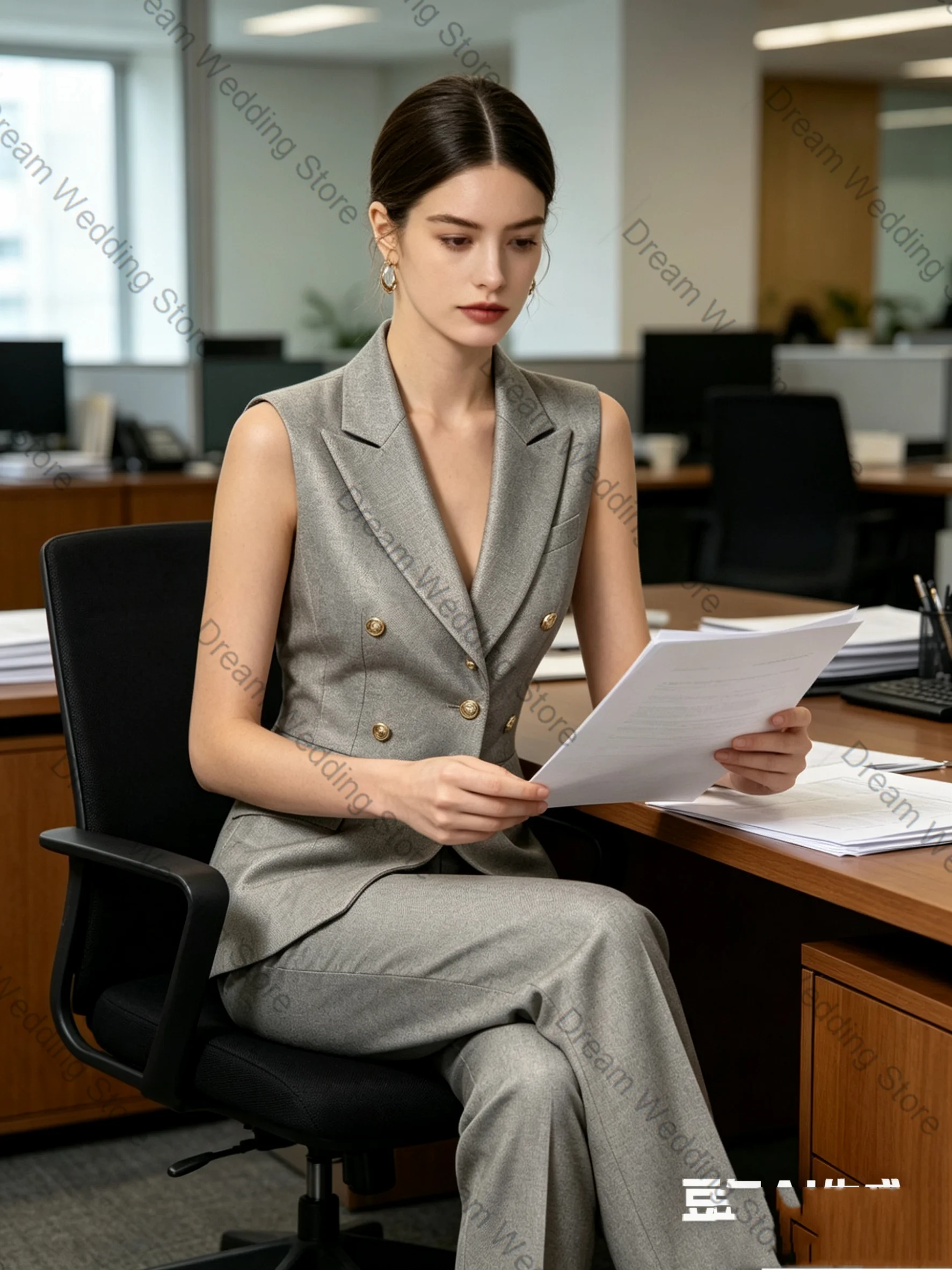

Grey Summer Women Suit Pants Set 2 Pcs Vest+Trousers Cotton Formal Office Lady Jacket Customized Wedding Guest Coat Sleeveless