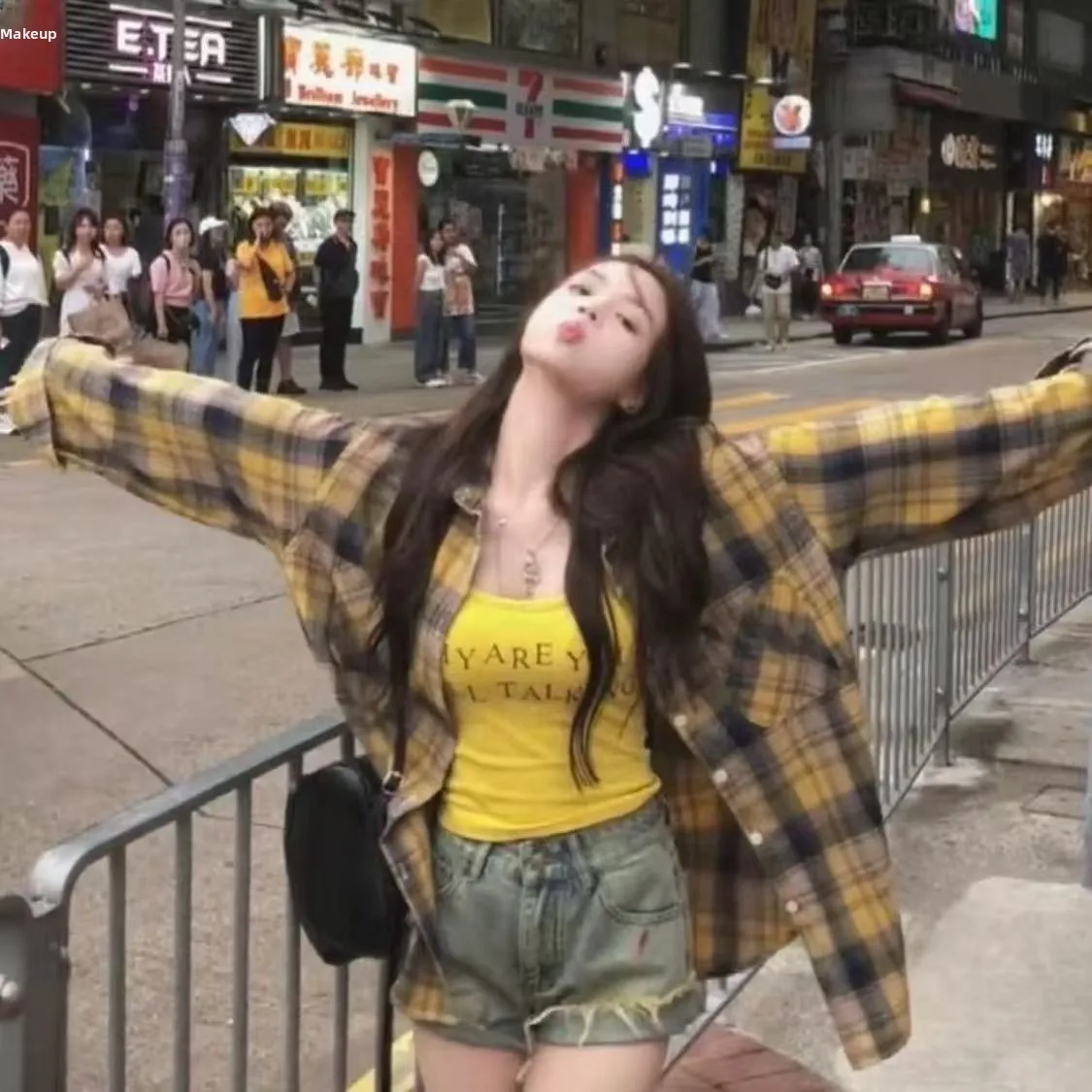 

Chic Yellow Plaid Loose Fit Women's irt Thin Korean Sle Casual Outerwear Sun Protection Faionable Polyester Long Sve