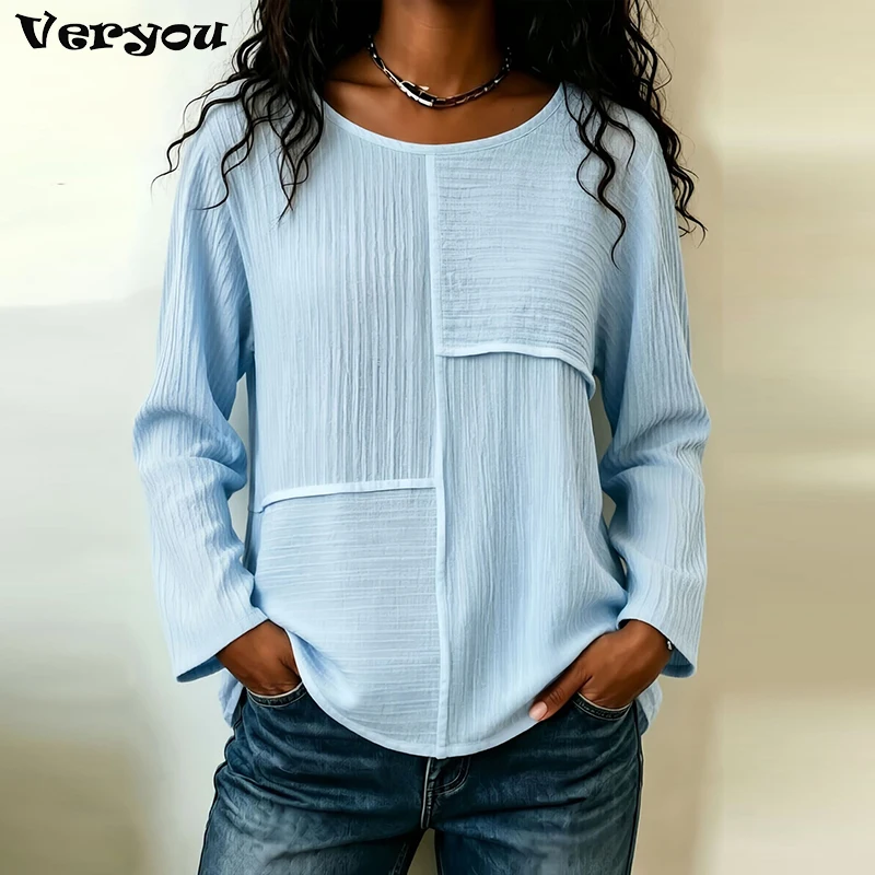 Elegant O Neck Long Sleeve Women T-Shirts Solid Color Loose Tee Pullover Spring Autumn Shirts For Women T Shirts Blue White