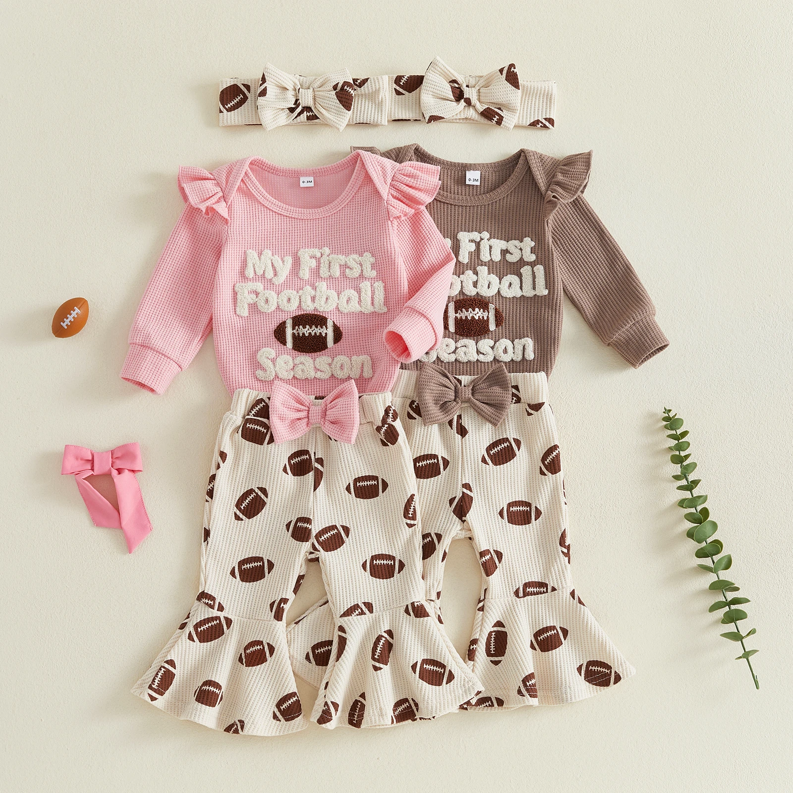 Baby Girl My First Football Season Outfit Long Sleeve Letter Romper Flared Pants Bow Headband Cute Girls Autumn Clothes