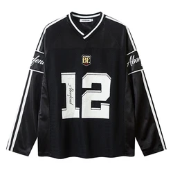 Hip Hop Sports Sweatshirt Streetwear Retro Letter Print Mesh Jersey Harajuku Hoodies Loose Hip Hop Oversize Cotton Hoodie Tops