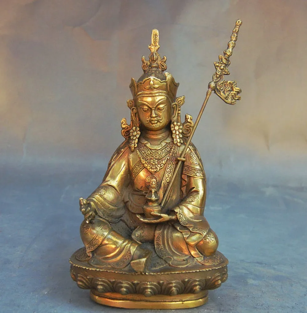 

7" Tibet Tantra Buddhism Temple Fine Brass Joss Guru Padmasambhava Buddha Statue