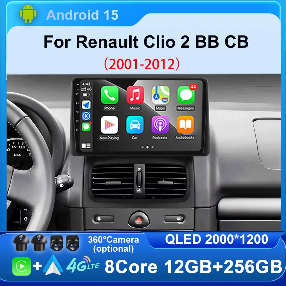 

For Renault Clio 2 BB CB 2001-2012 Wireless Carplay Car GPS Navigation Carplay Radio 4G WIFI Multimedia Player 2K QLED Screen