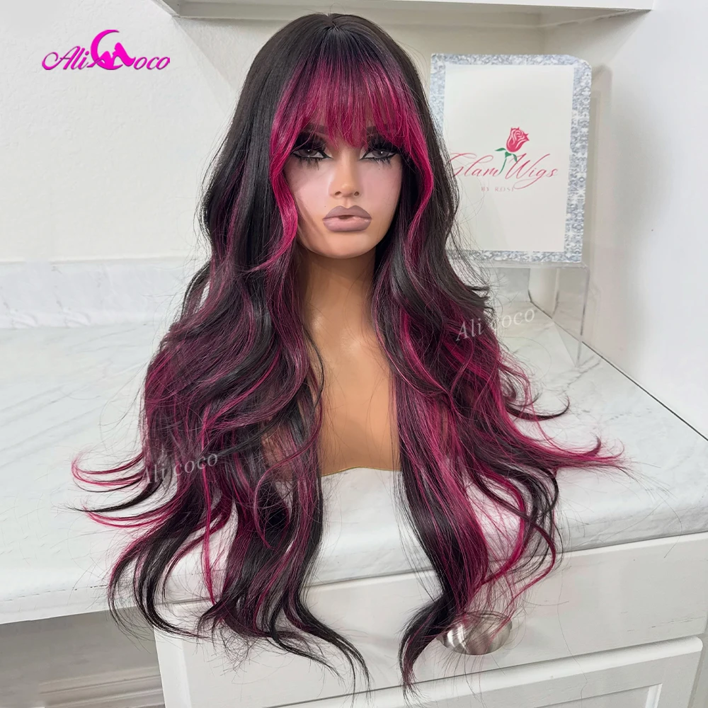 Highlights Pink with Bangs Invisible HD Drawstring Wig Pre-cut 200 Density Lace Front Body Wave Layered Glueless Human Hair - view 2