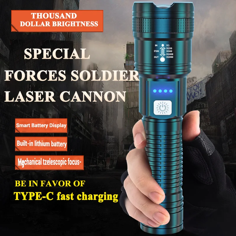 100000 Lumen Super Bright Flashlight Long Range LED Spotlight Built-in Battery USB Charging Waterproof Portable Camping Torch