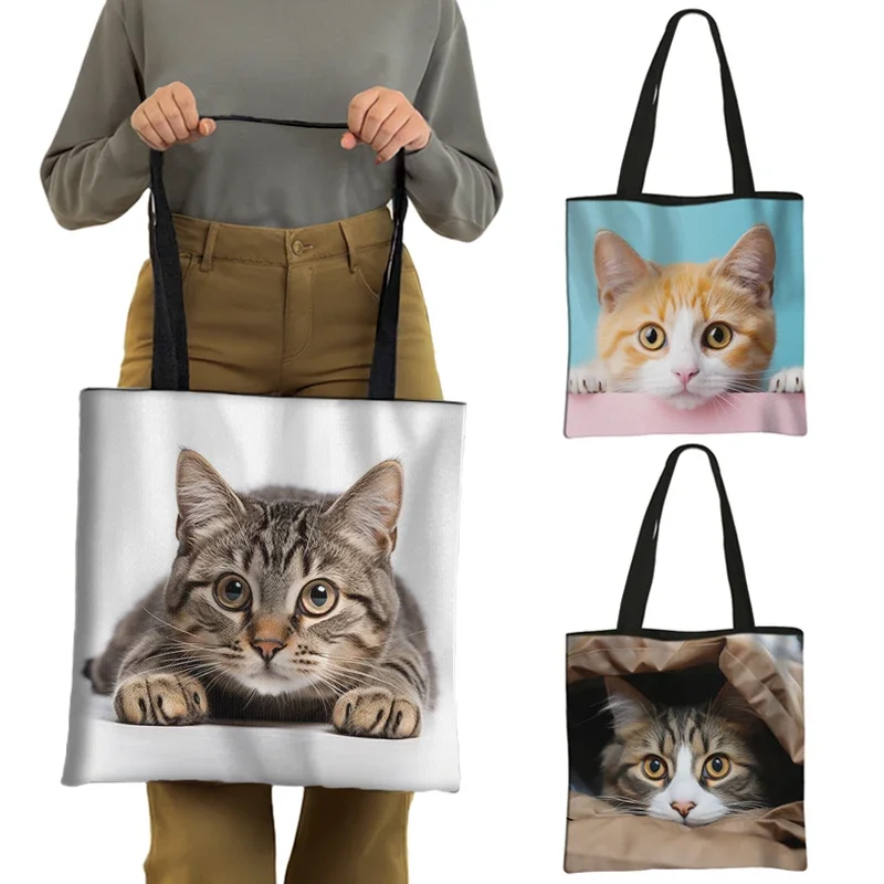 Kawaii Prone Cat Print Tote Bags Peeking Cats Women Handbag Shoulder Bag Lying Felid Large Capacity Storage Bags for Travel Gift