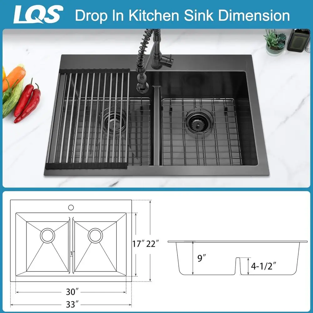 블랙 주방 싱크대, 더블 볼 주방 싱크대 또는 다수의 냄비와 프라이팬을 위한 33인치 x 22인치 드롭인 스테인리스 스틸 주방 싱크대 (싱크 스트레이너 포함)