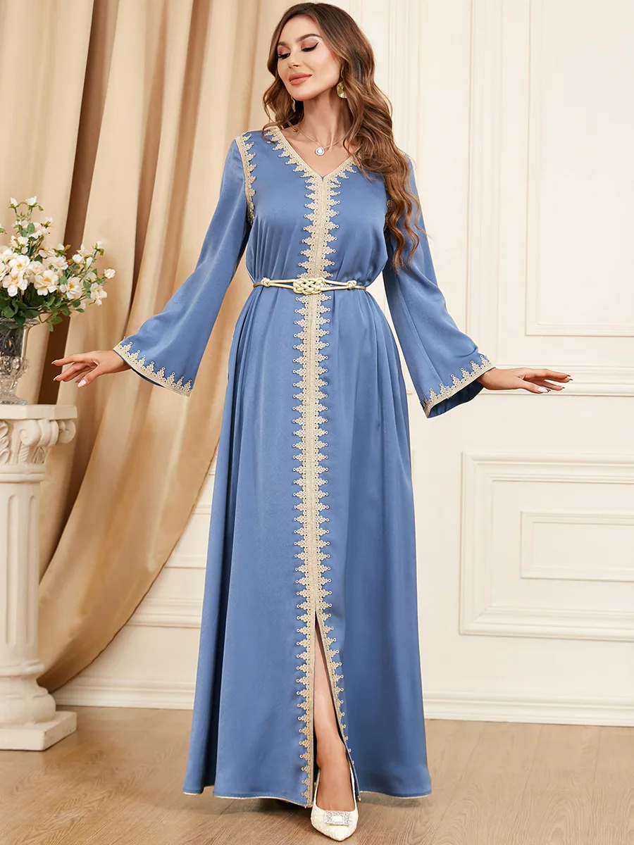 Middle Eastern Arab Muslim  Graceful Women Autumn Winter Abaya Dress Full Sleeves Satin Belt Elegant Dubai Kaftan Robe Gowns